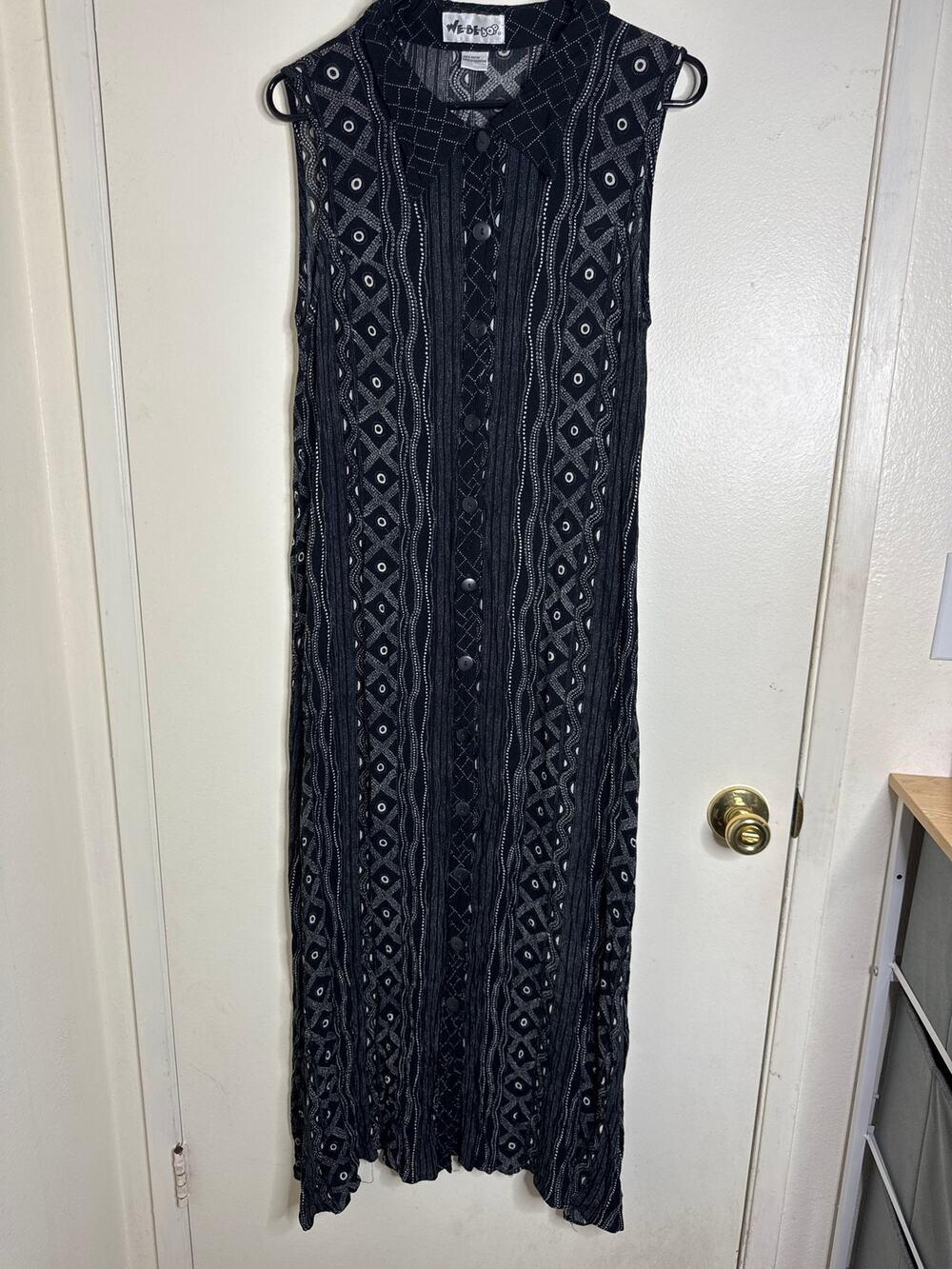 Vintage We Be Bop Crinkle Rayon Duster Midi Shirt Dress Black White Geometric